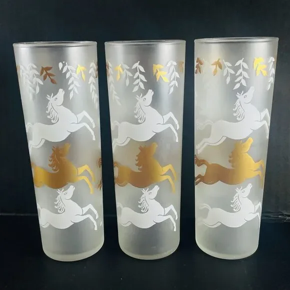 VTG Libbey CAVALCADE Collins Glasses Lot of 6 Prancing Horses Frosted Gold MCM - Picture 7 of 9